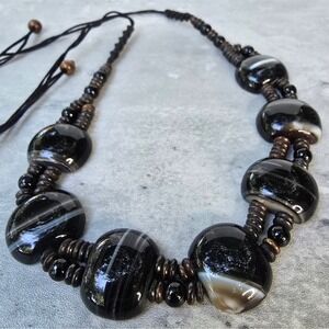 Boho Banded Agate Statement Necklace Chunky Black White Stone Wooden Bead Cord